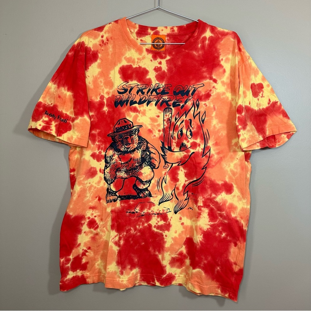 Teddy Fresh x Smokey Bear Tie Dye T Shirt; Red Yellow & Orange; Men’s L